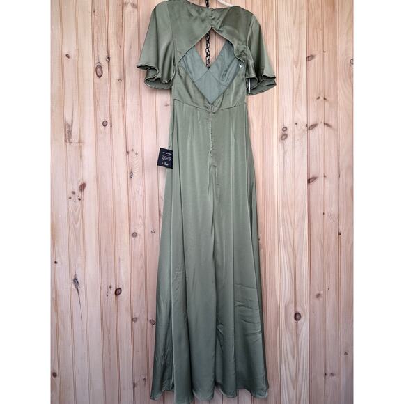NWT Lulus Elegant Confidence Sage Satin Flutter Sleeve Cutout Maxi Dress Size S - Picture 6 of 10
